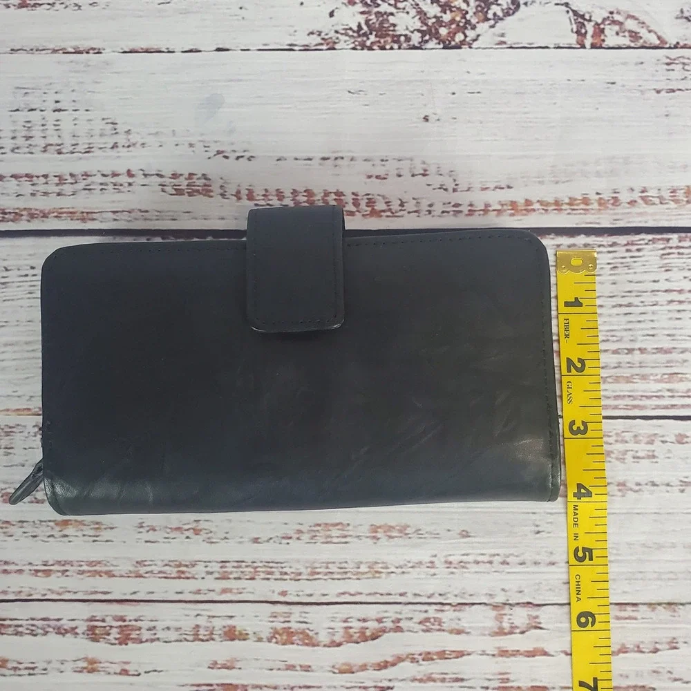 Vtg Guang Tong Black Genuine Leather Wallet Multi Pockets Basic Neutral Minimal